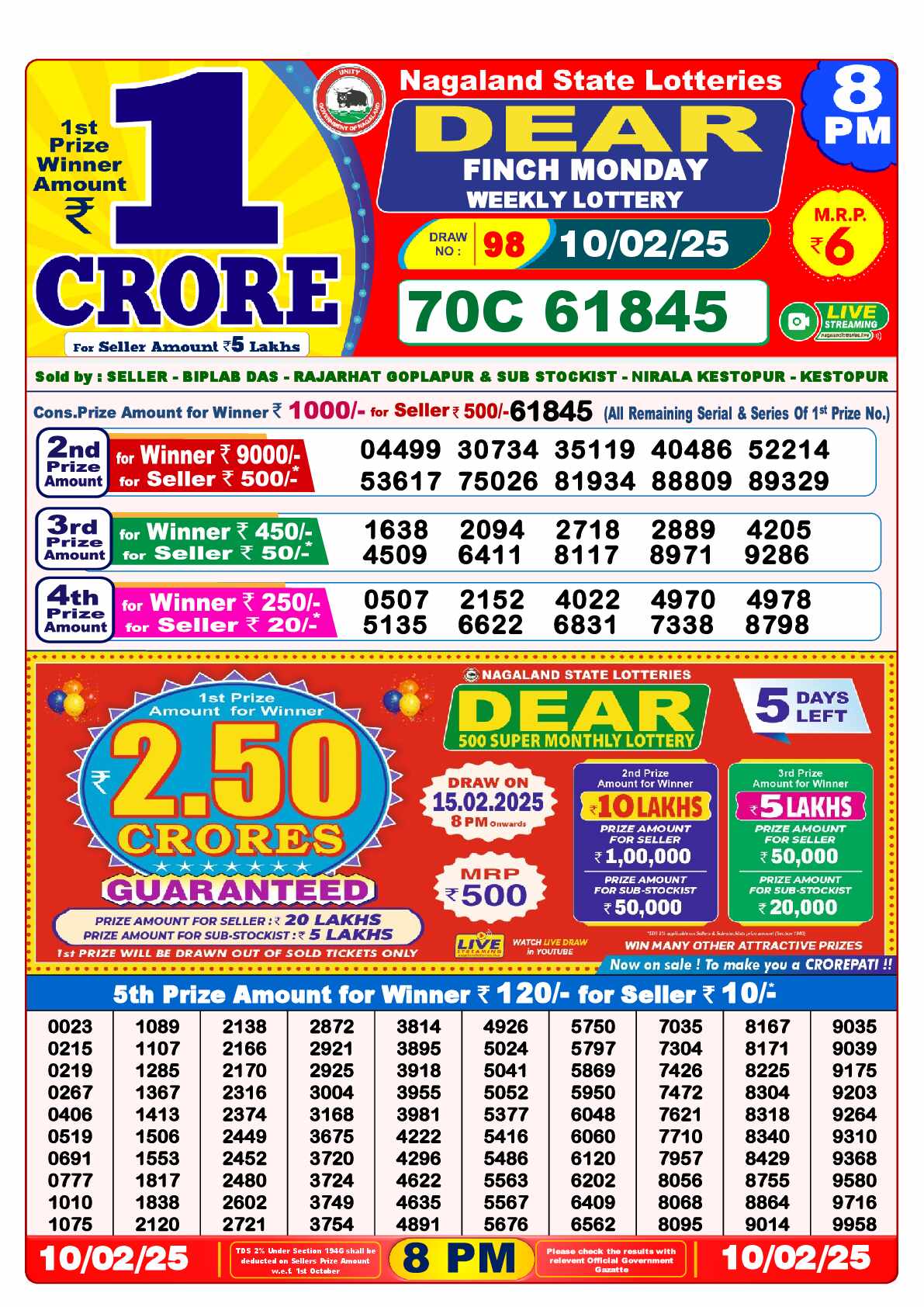 Lottery Sambad 10.02.25 Dear Lottery Result 8pm