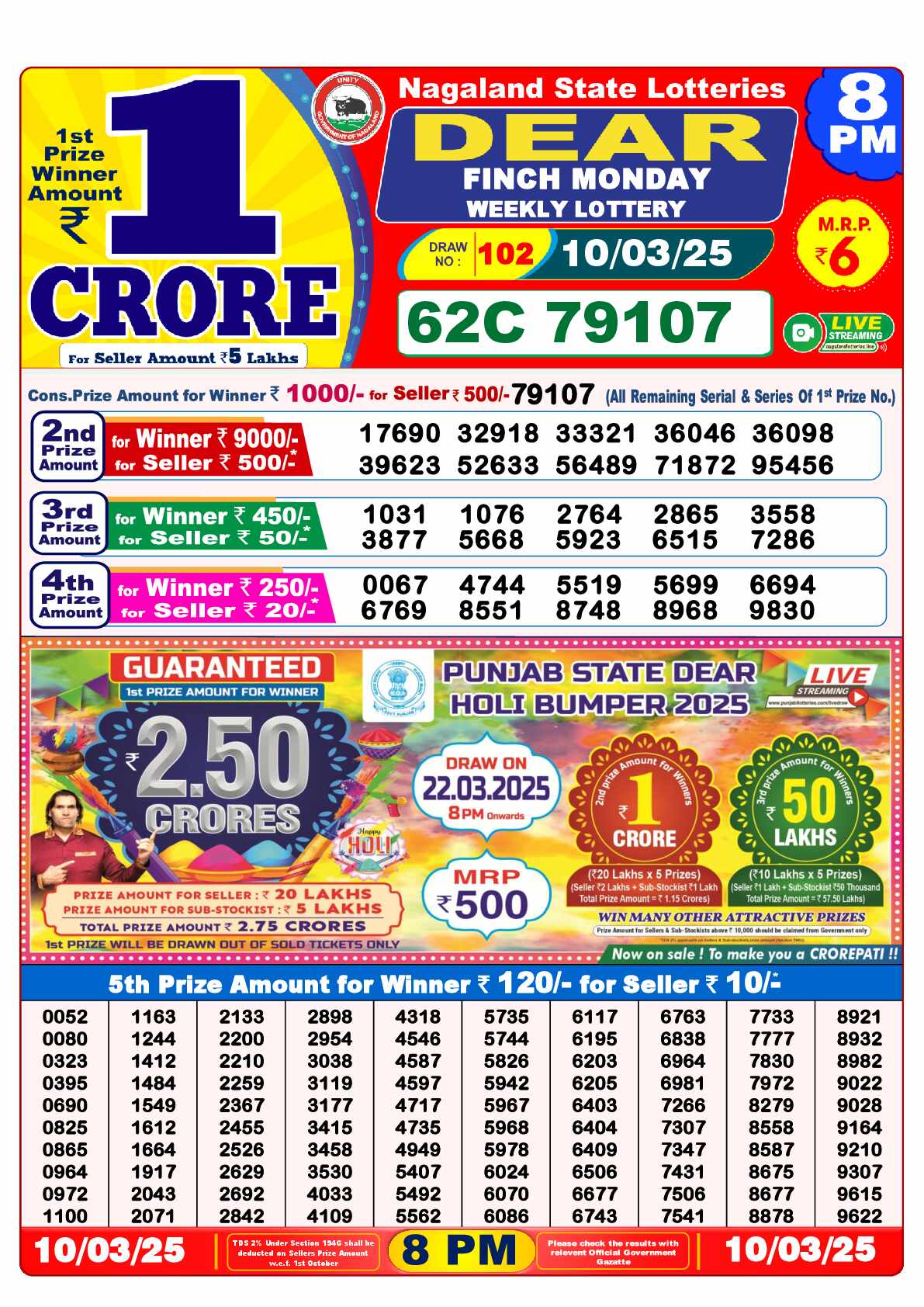 Lottery Sambad 10.03.25 Dear Lottery Result 8pm