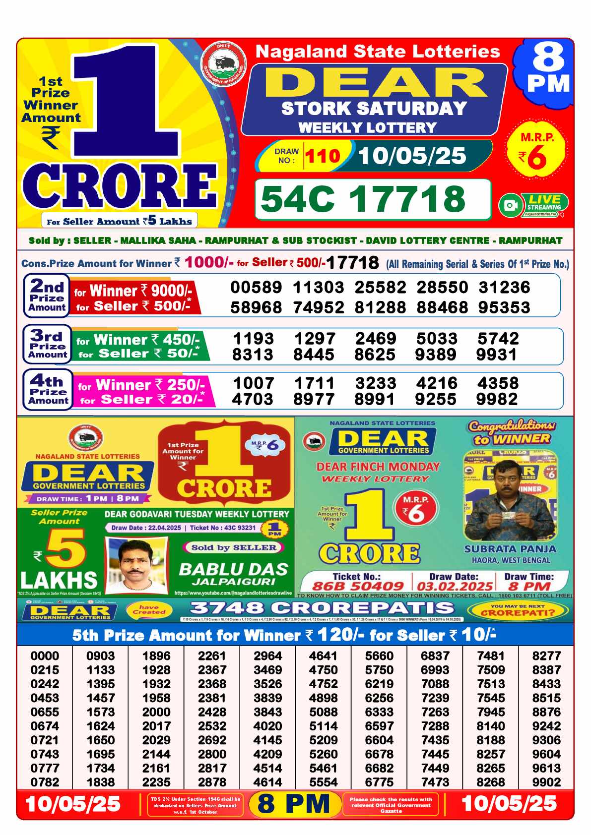 Lottery Sambad Today Result 8:00 PM 10 May 2025