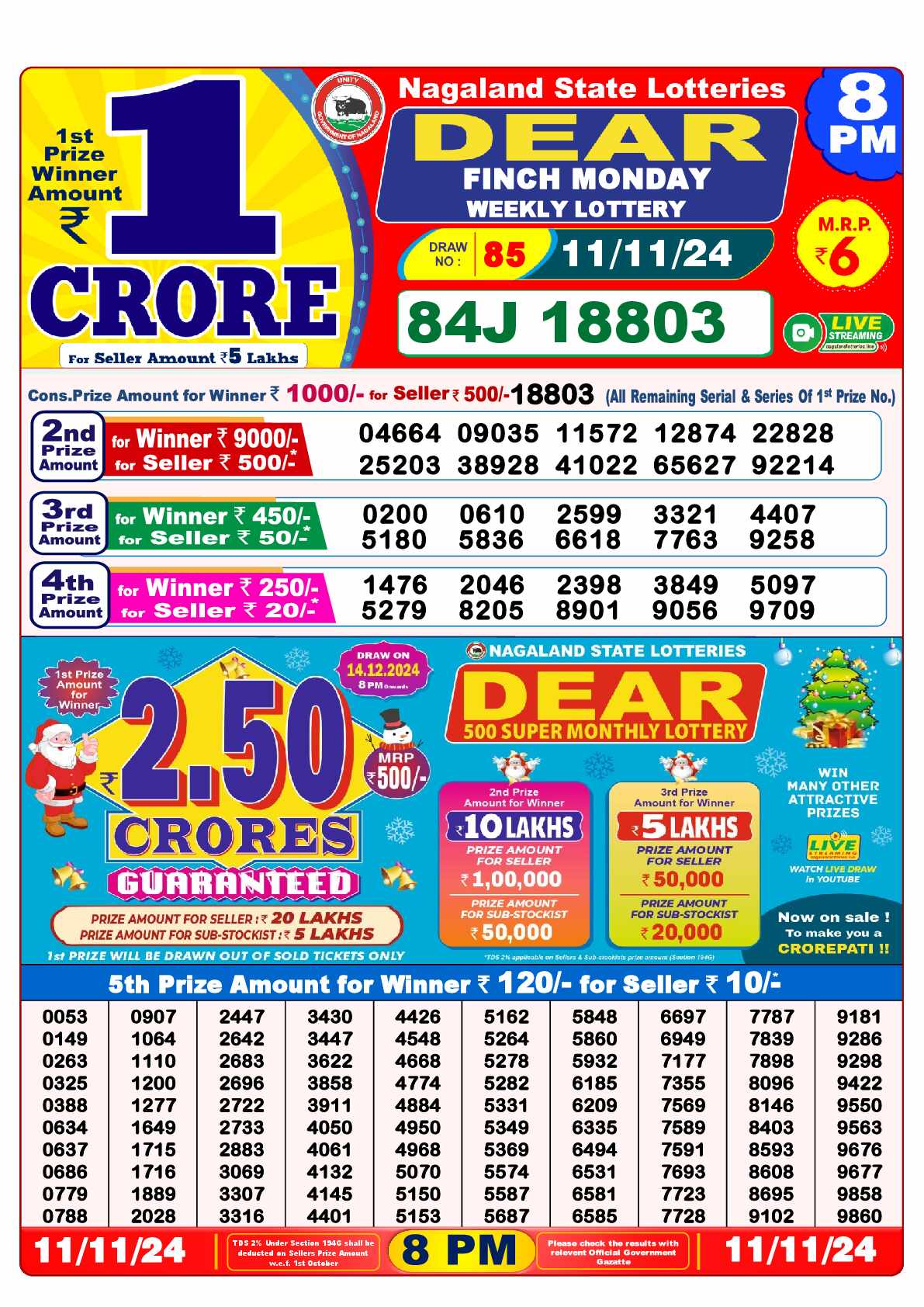 Lottery Sambad 11.11.24 Dear Lottery Result 8pm