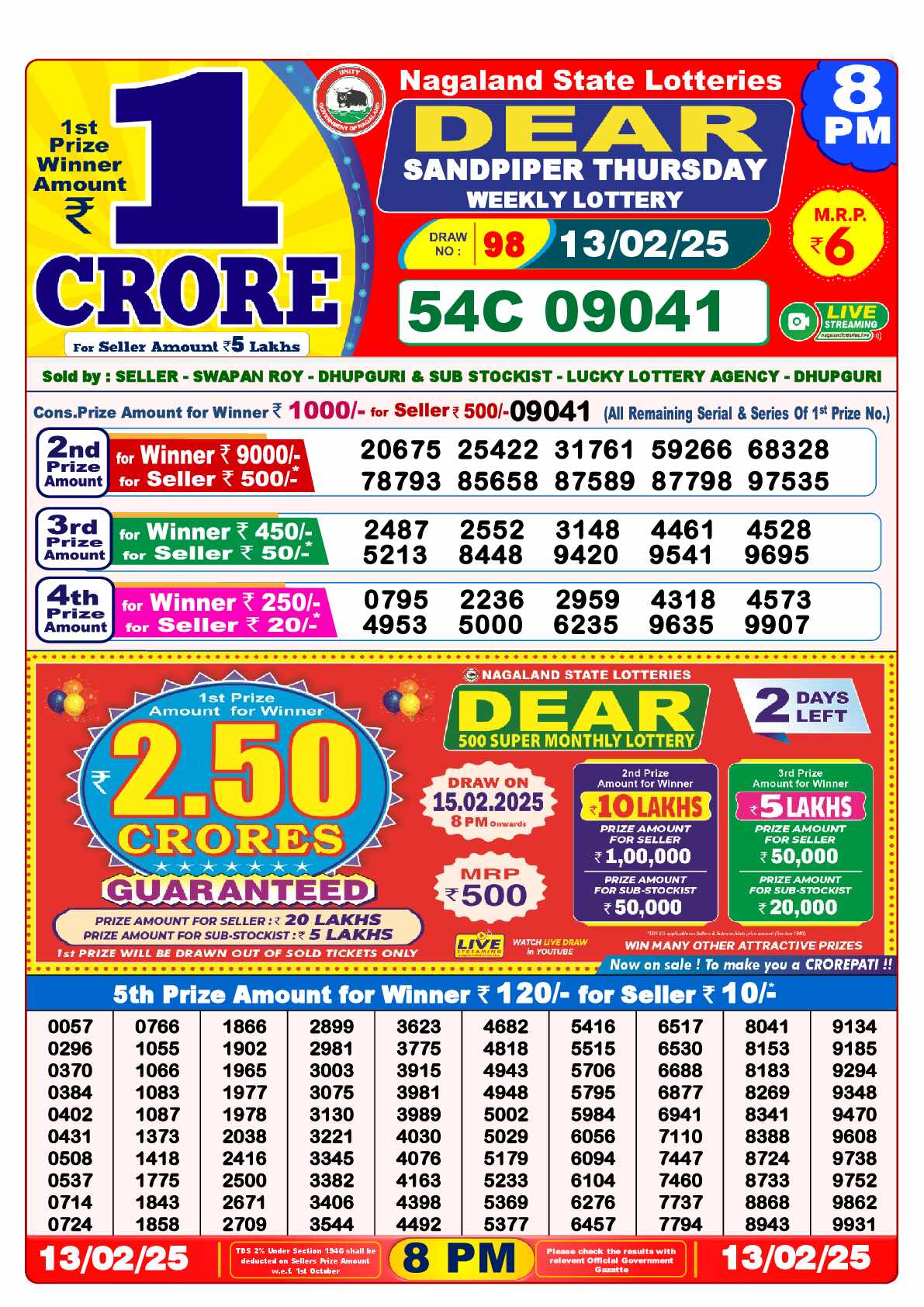 Lottery Sambad 13.02.25 Dear Lottery Result 8pm