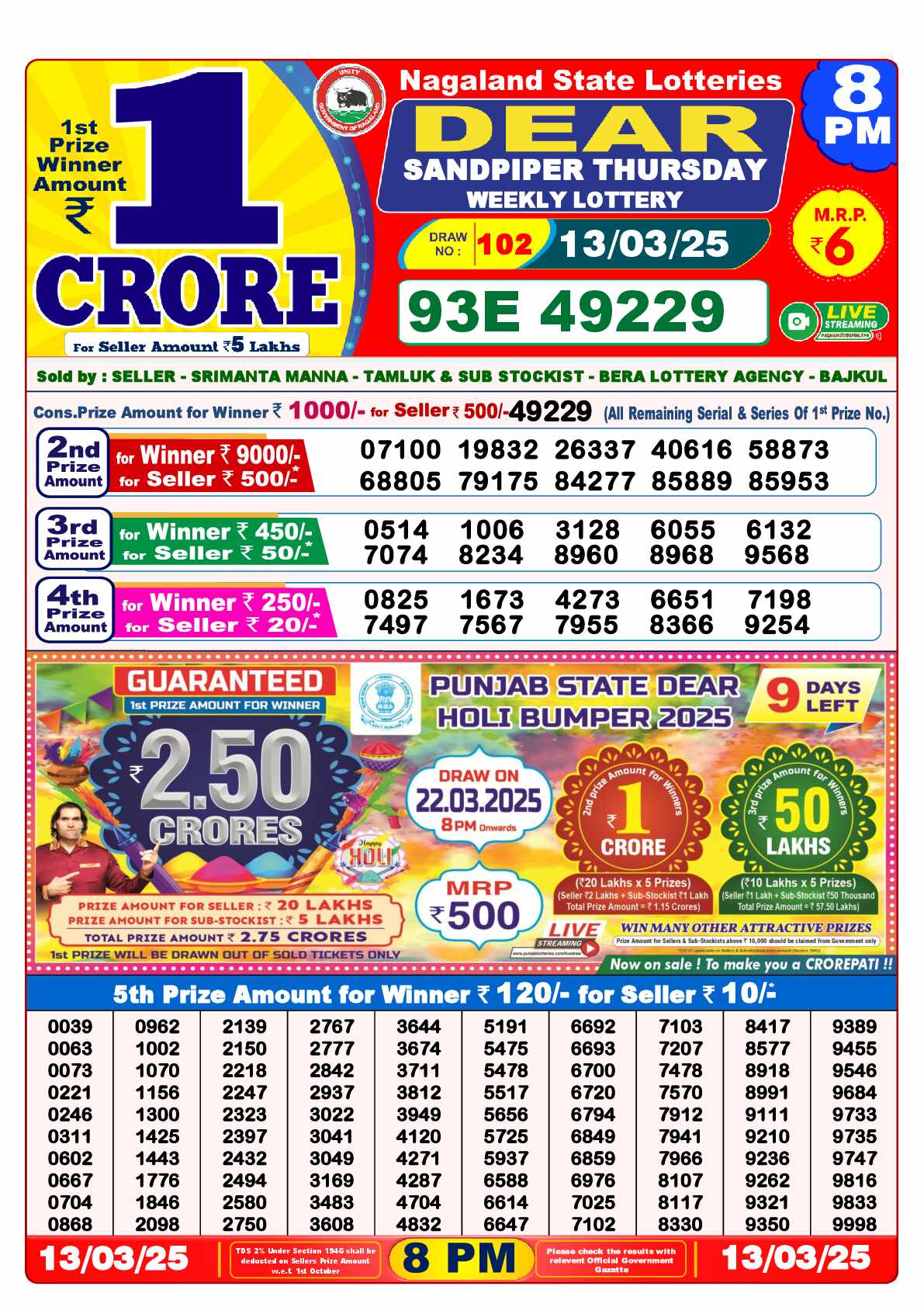 Lottery Sambad 13.03.25 Dear Lottery Result 8pm