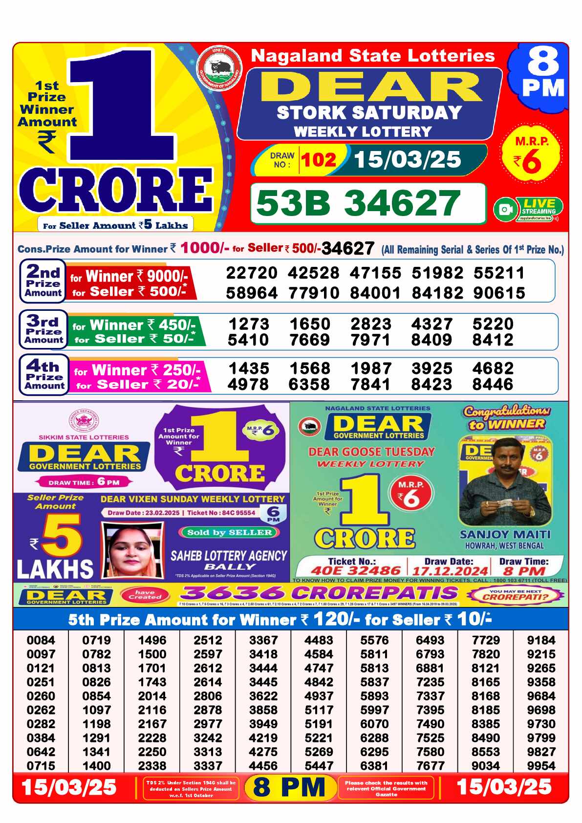 Lottery Sambad 15.03.25 Dear Lottery Result 8pm