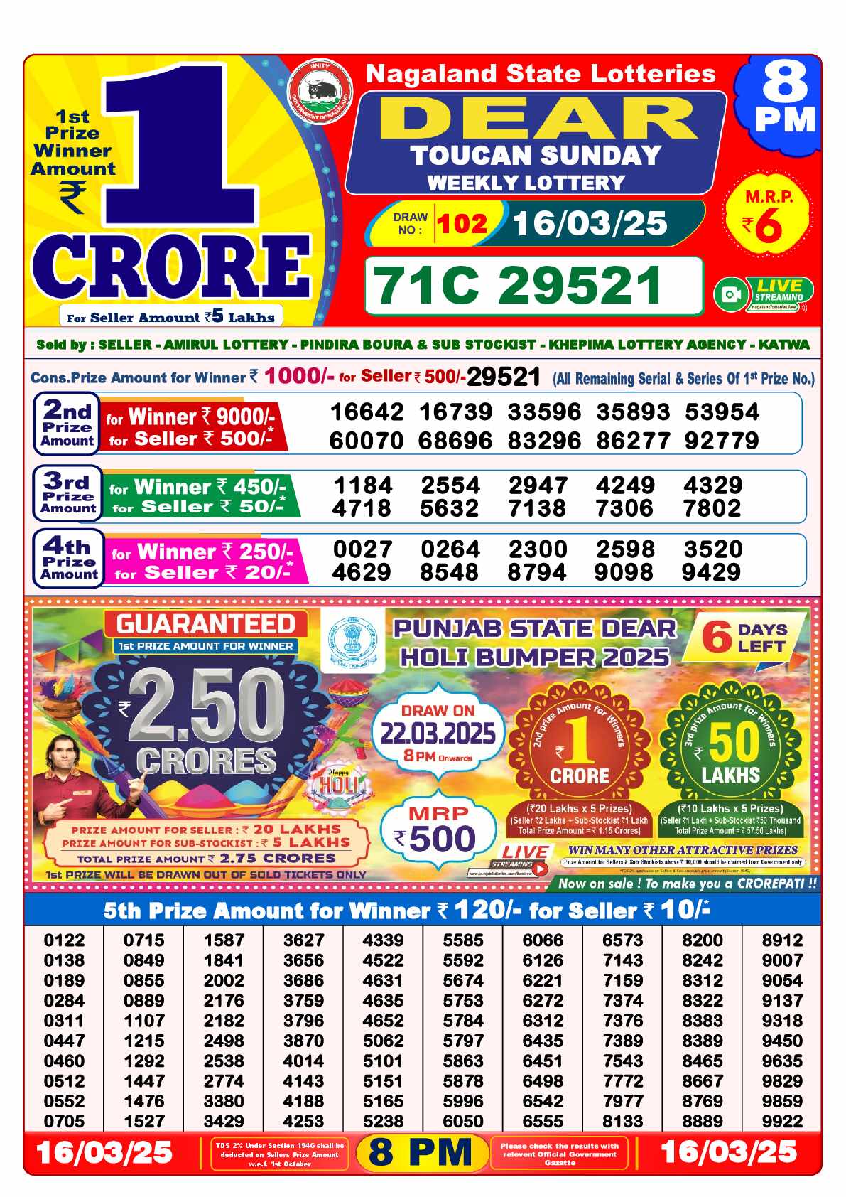 Lottery Sambad 16.03.25 Dear Lottery Result 8pm