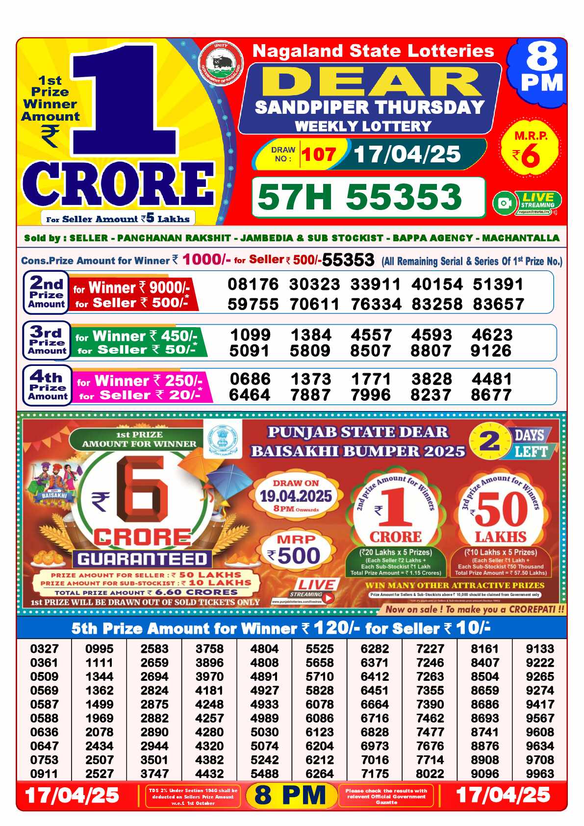 Lottery Sambad 17.04.25 Dear Lottery Result 8pm