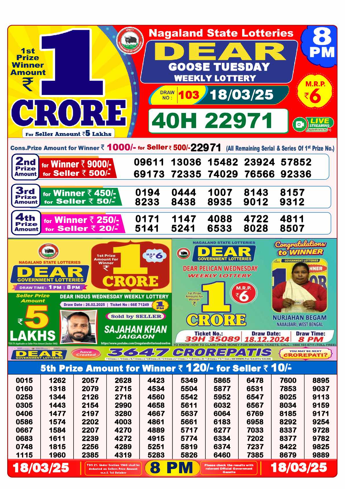 Lottery Sambad 18.03.25 Dear Lottery Result 8pm