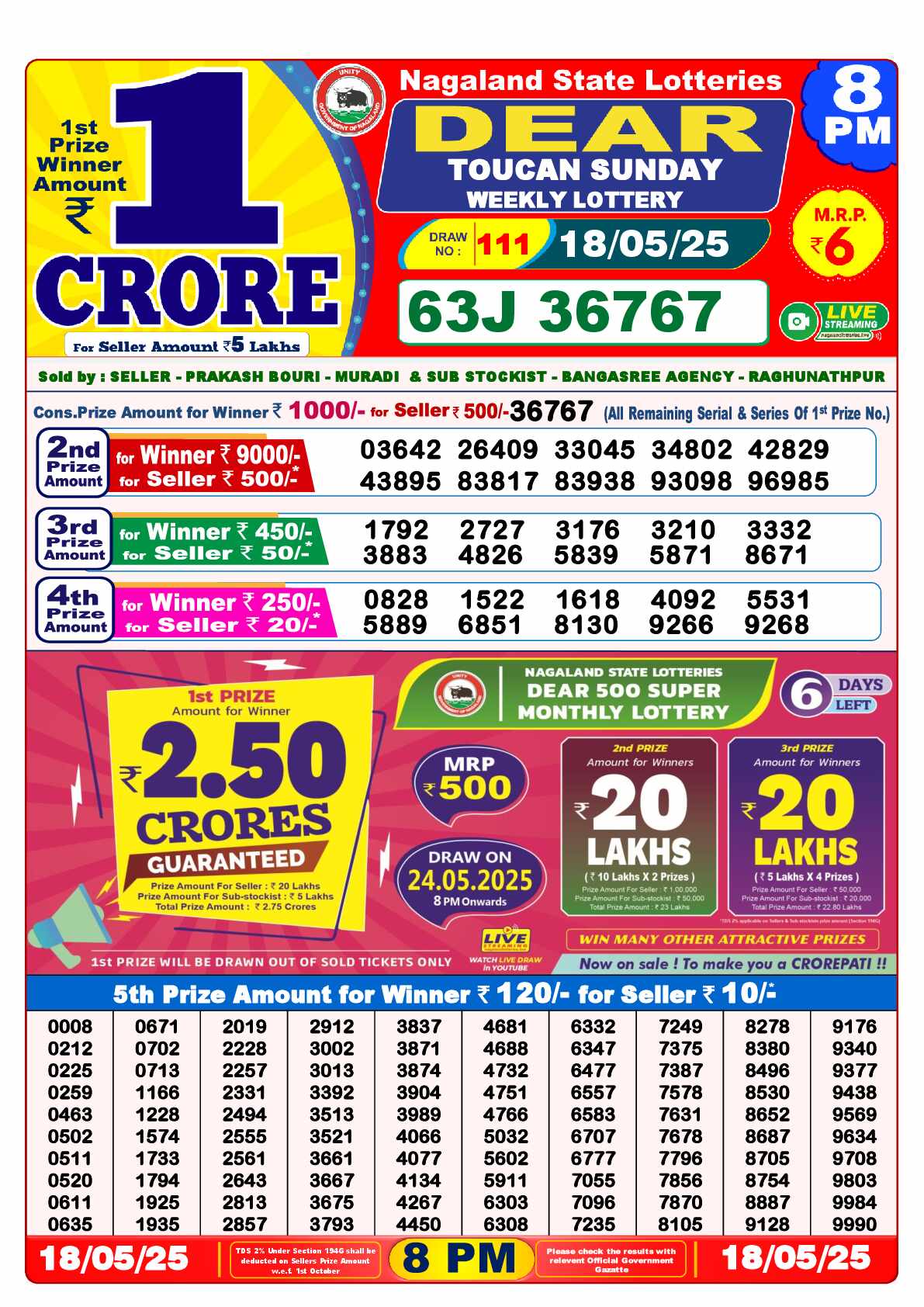 Lottery Sambad 18.05.25 Dear Lottery Result 8pm