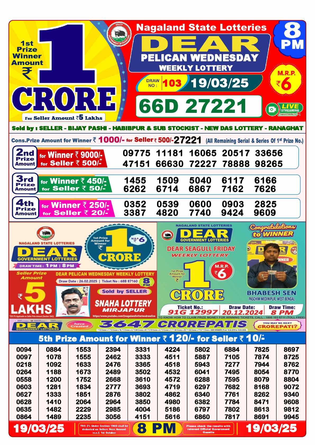 Lottery Sambad 19.03.25 Dear Lottery Result 8pm