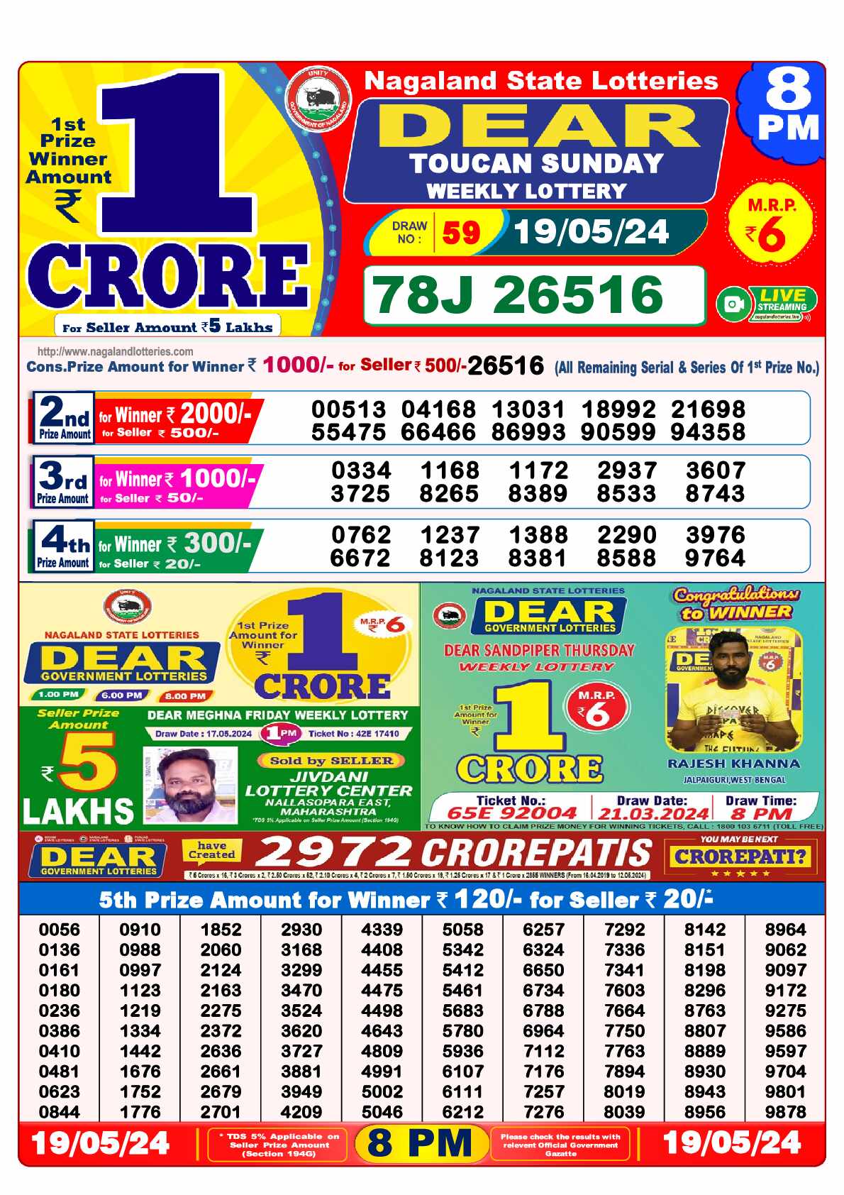 Lottery Sambad 19.05.24 Dear Lottery Result 8pm