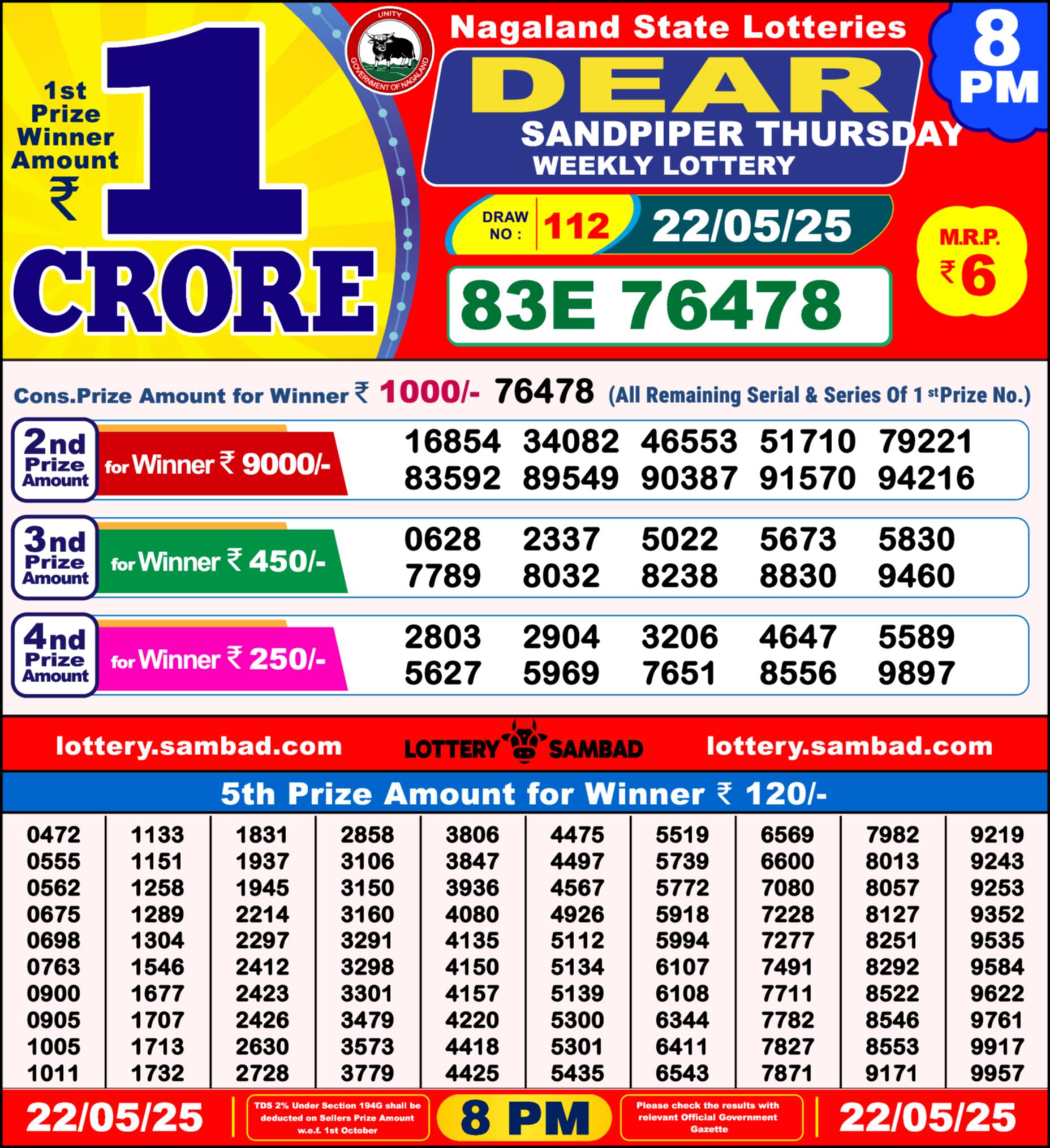 Lottery Sambad 22.05.25 Dear Lottery Result 8pm