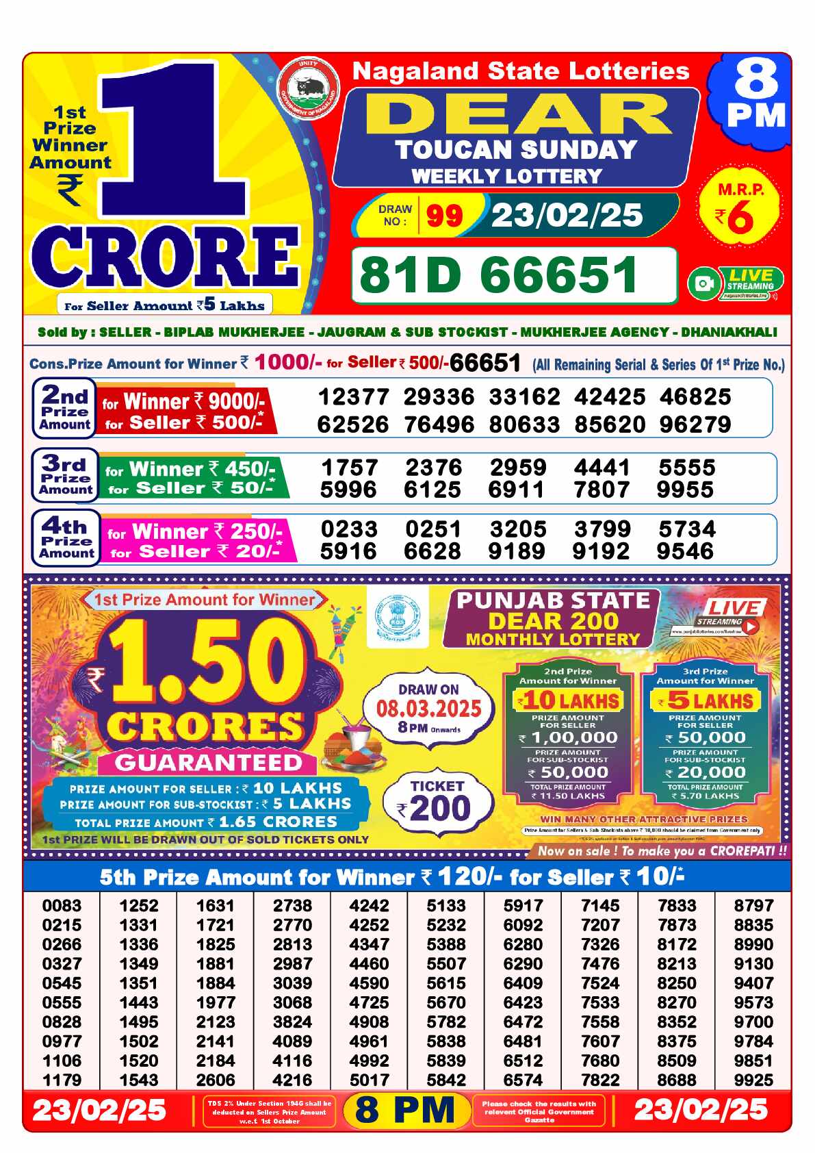 Lottery Sambad 23.02.25 Dear Lottery Result 8pm