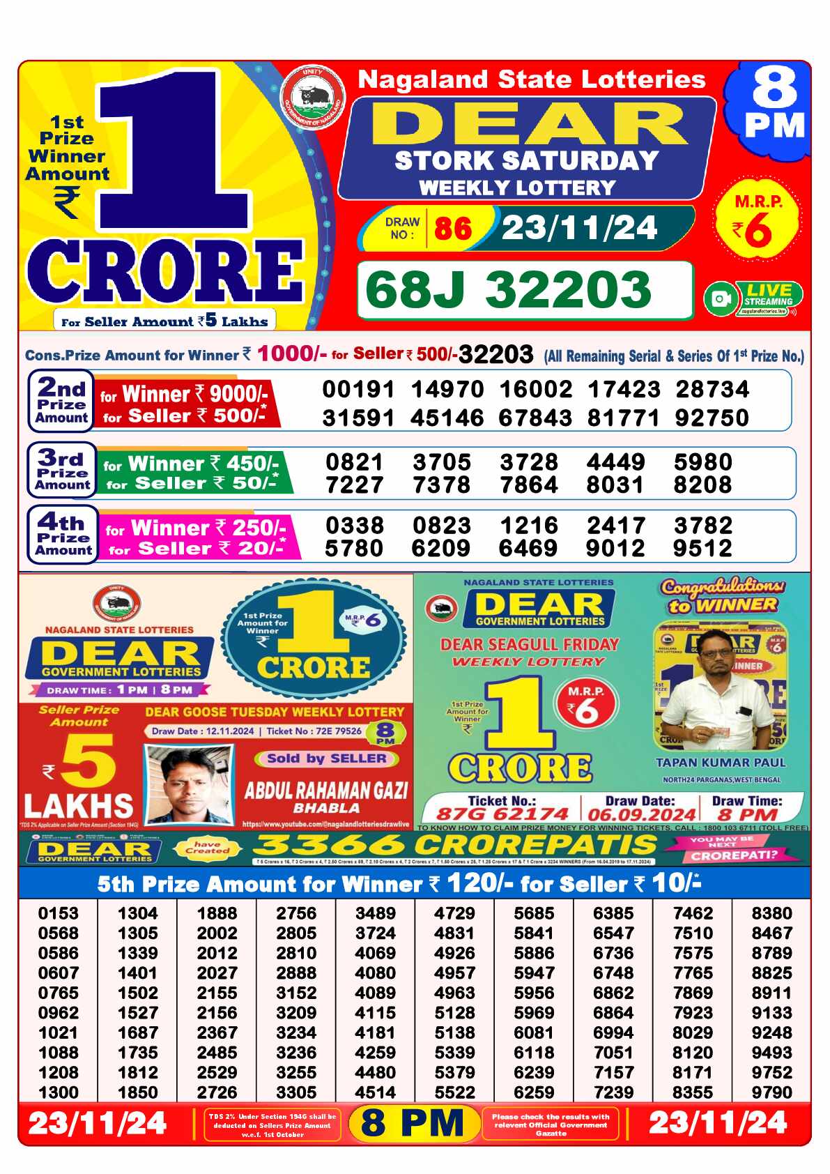 Lottery Sambad 23.11.24 Dear Lottery Result 8pm