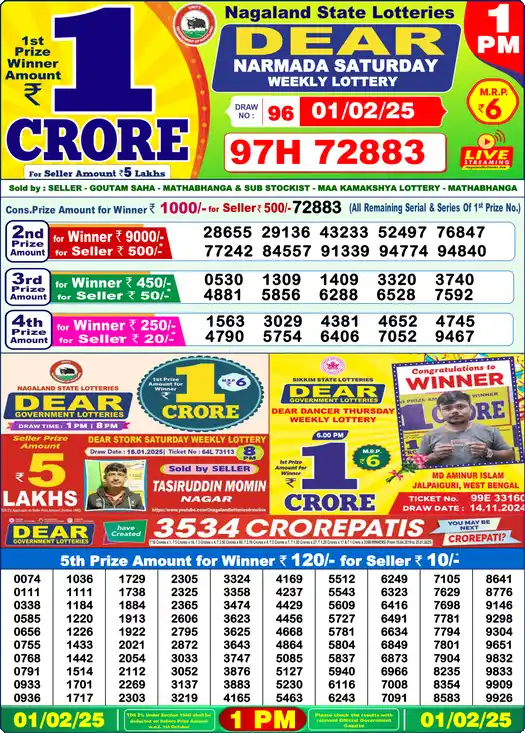 Lottery Sambad 1 PM result 01 Feb 2025