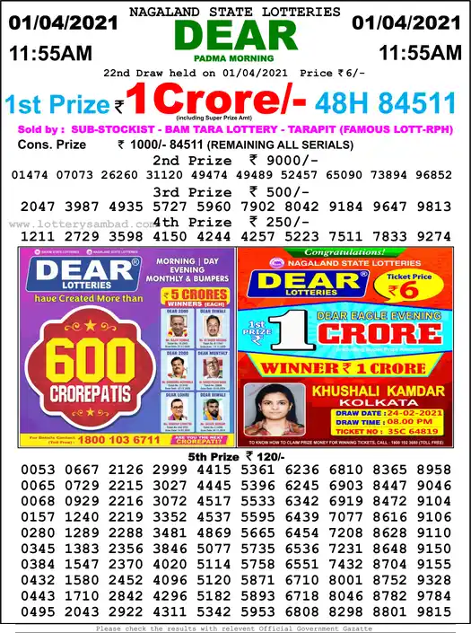 Lottery Sambad 1 PM result 01 Apr 2021