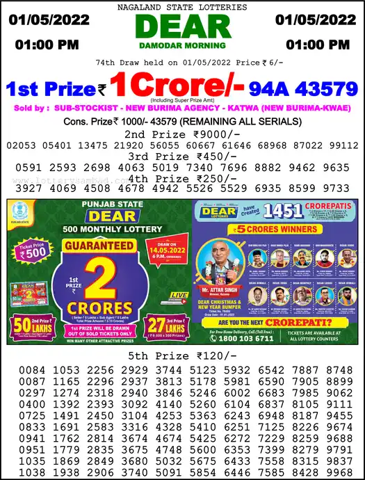 Lottery Sambad 1 PM result 01 May 2022
