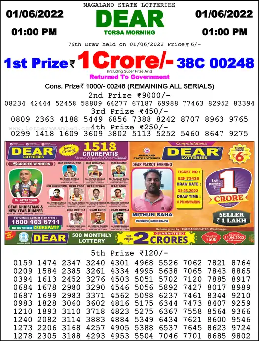 Lottery Sambad 1 PM result 01 Jun 2022