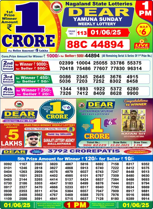 Lottery Sambad 1 PM result 01 Jun 2025