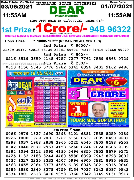 Lottery Sambad 1 PM result 01 Jul 2021