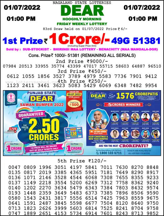 Lottery Sambad 1 PM result 01 Jul 2022