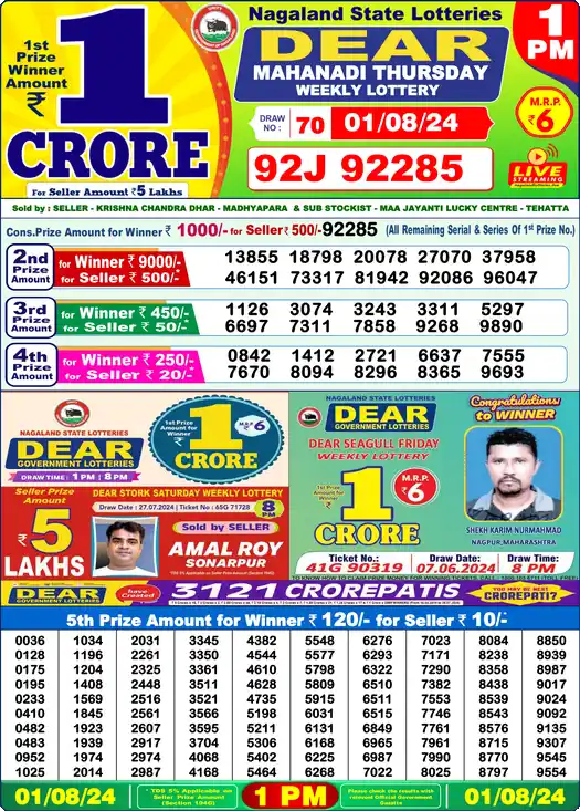 Lottery Sambad 1 PM result 01 Aug 2024