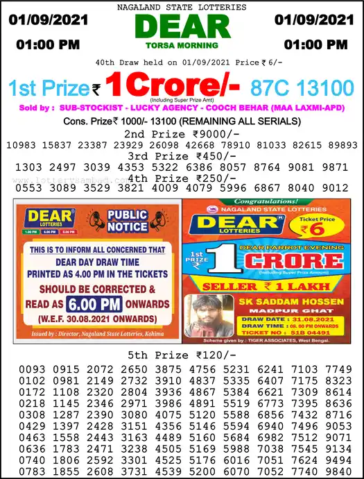 Lottery Sambad 1 PM result 01 Sep 2021