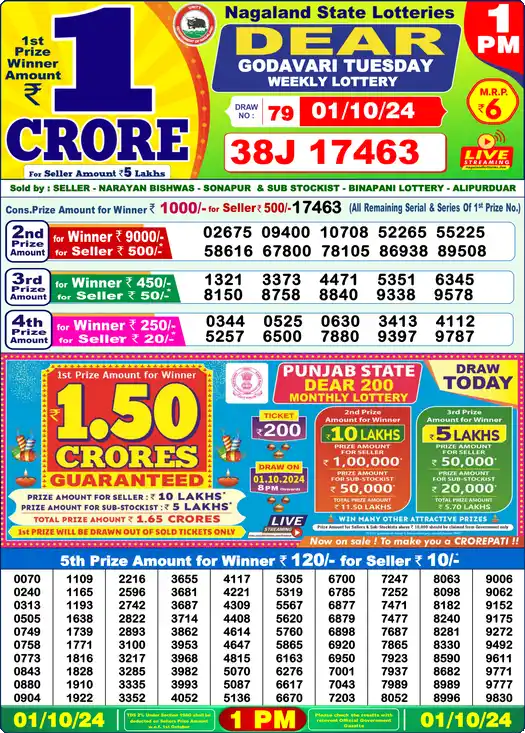 Lottery Sambad 1 PM result 01 Oct 2024