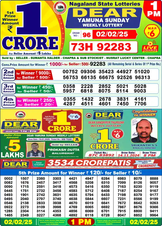 Lottery Sambad 1 PM result 02 Feb 2025