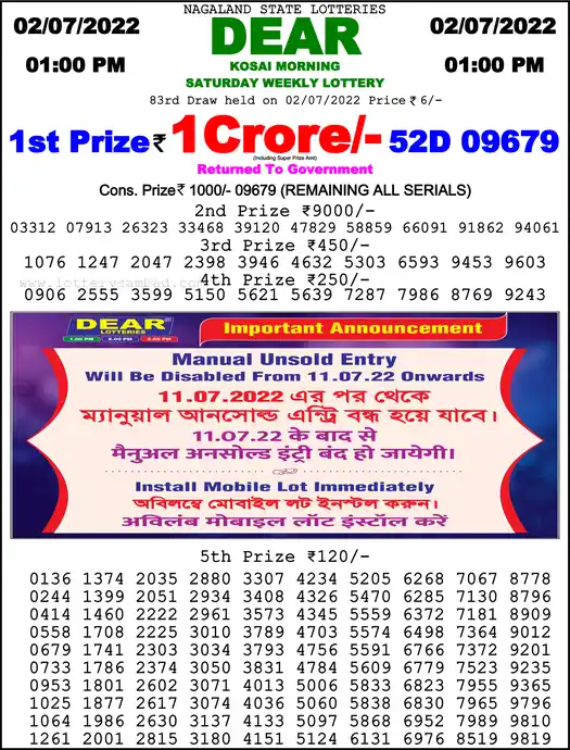 Lottery Sambad 1 PM result 02 Jul 2022