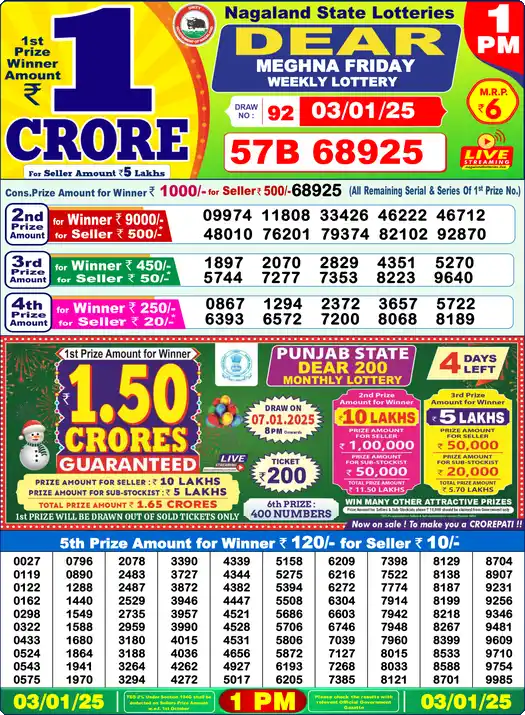 Lottery Sambad 1 PM result 03 Jan 2025