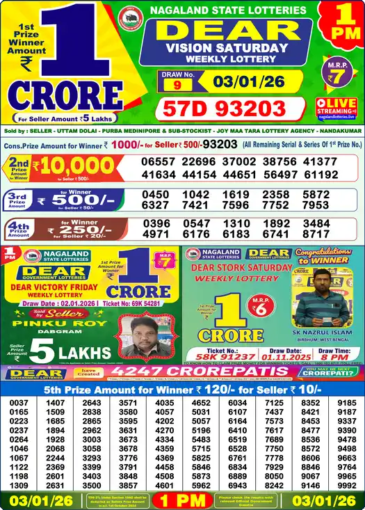 Lottery Sambad 1 PM result 03 Jan 2026