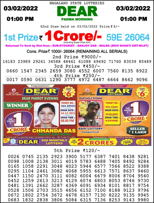 Lottery Sambad 1 PM result 03 Feb 2022