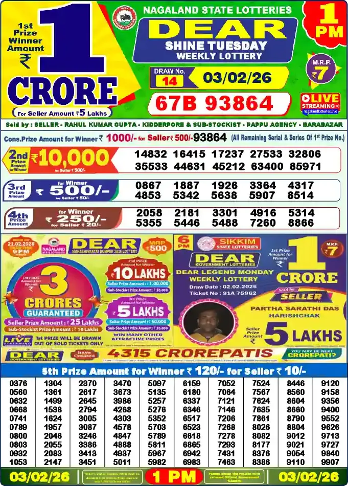 Lottery Sambad 1 PM result 03 Feb 2026