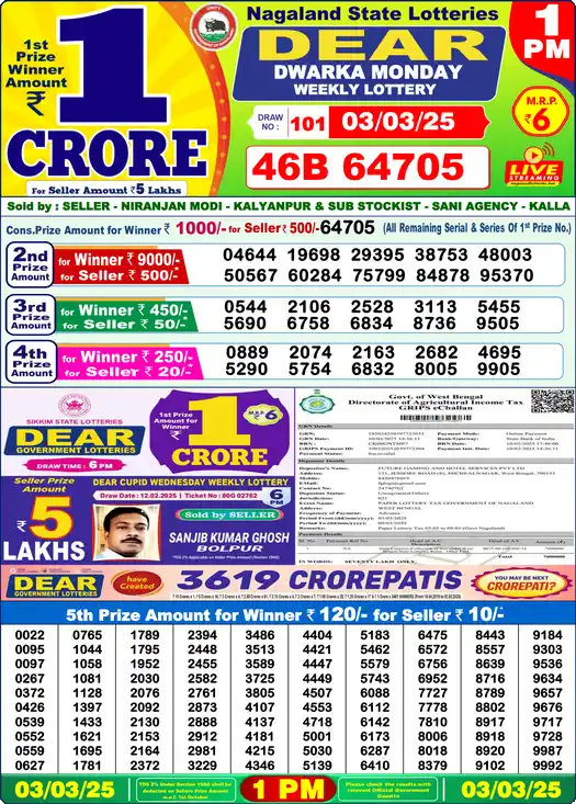 Lottery Sambad 1 PM result 03 Mar 2025