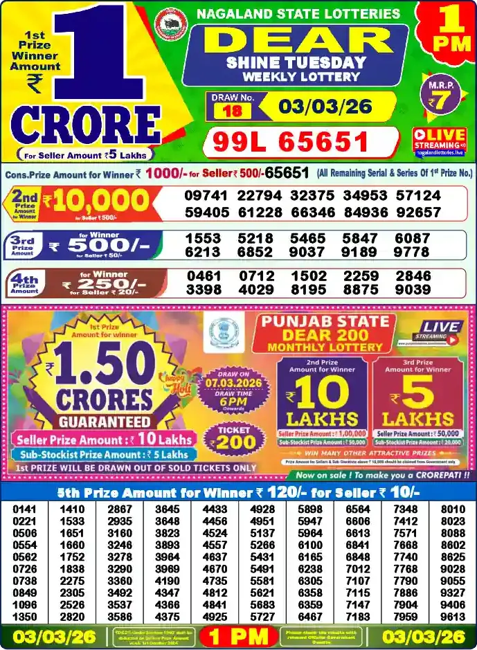 Lottery Sambad 1 PM result 03 Mar 2026
