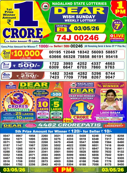 Lottery Sambad 1 PM result 03 May 2026