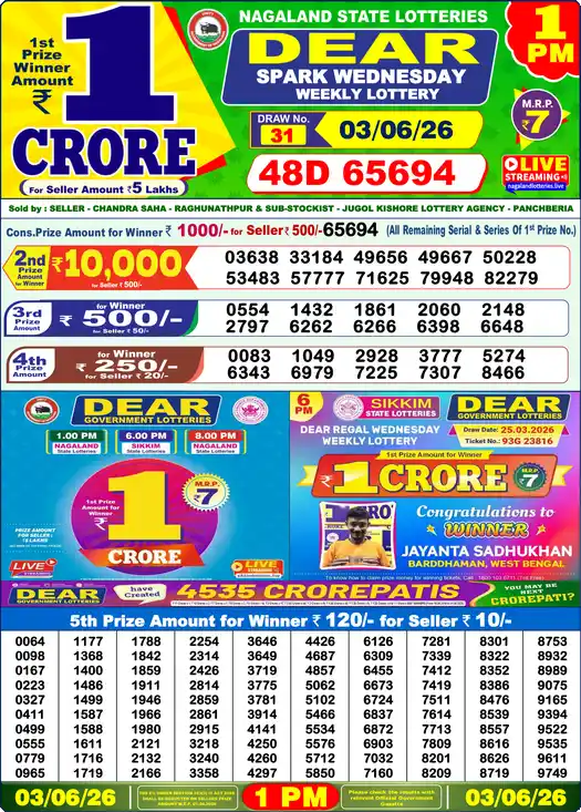 Lottery Sambad 1 PM result 03 Jun 2026