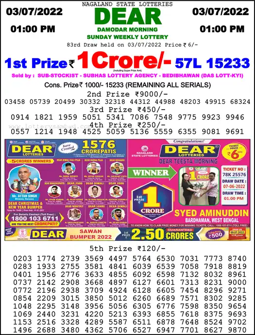 Lottery Sambad 1 PM result 03 Jul 2022