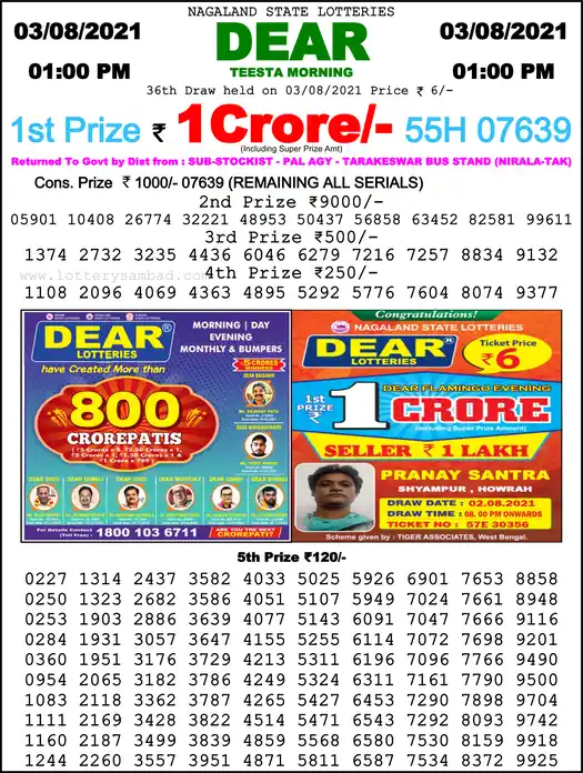 Lottery Sambad 1 PM result 03 Aug 2021
