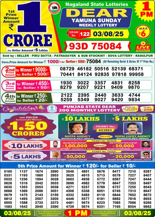 Lottery Sambad 1 PM result 03 Aug 2025