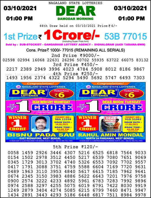 Lottery Sambad 1 PM result 03 Oct 2021