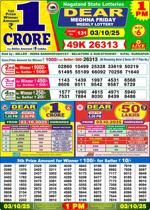 Lottery Sambad 1 PM result 03 Oct 2025