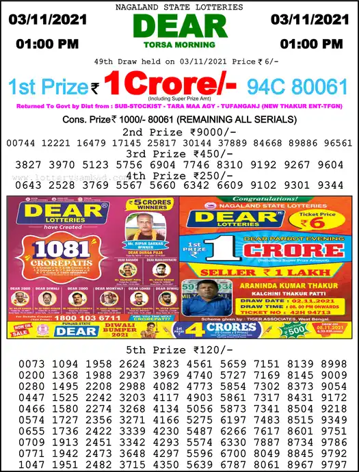 Lottery Sambad 1 PM result 03 Nov 2021