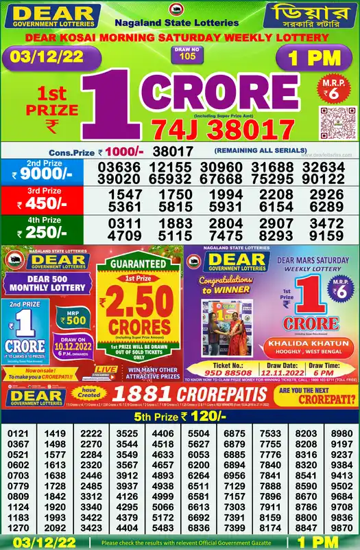 Lottery Sambad 1 PM result 03 Dec 2022