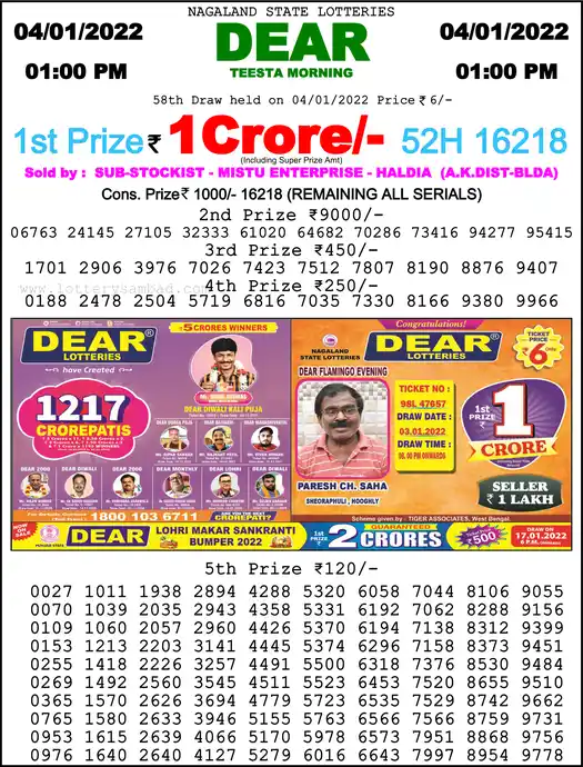 Lottery Sambad 1 PM result 04 Jan 2022