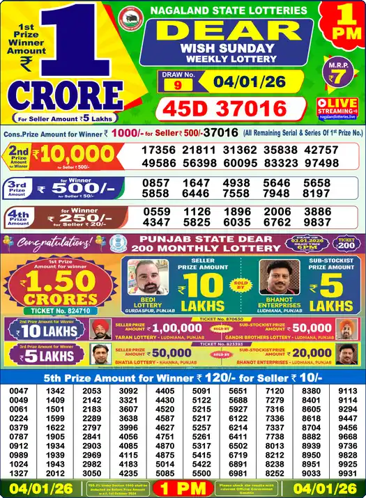 Lottery Sambad 1 PM result 04 Jan 2026