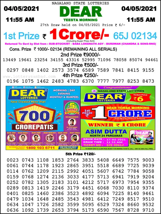Lottery Sambad 1 PM result 04 May 2021