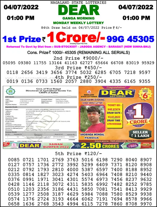 Lottery Sambad 1 PM result 04 Jul 2022