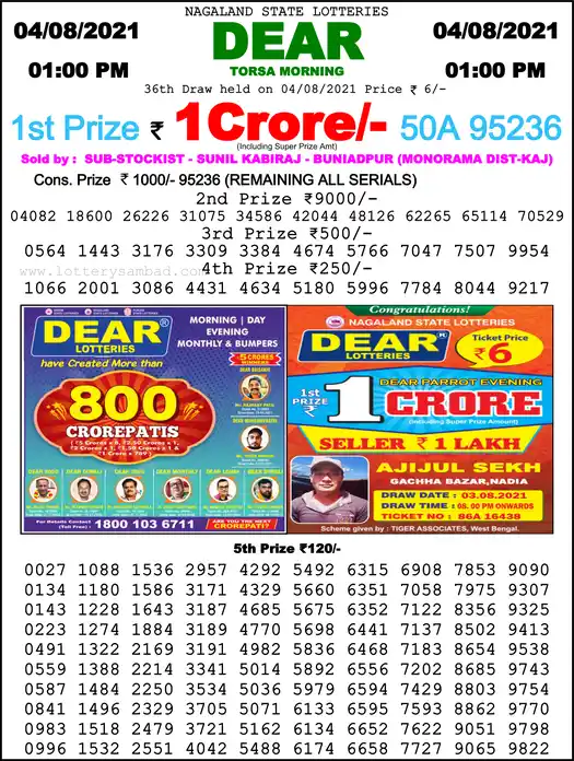Lottery Sambad 1 PM result 04 Aug 2021