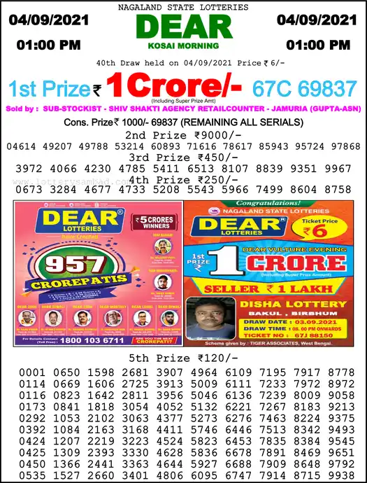 Lottery Sambad 1 PM result 04 Sep 2021