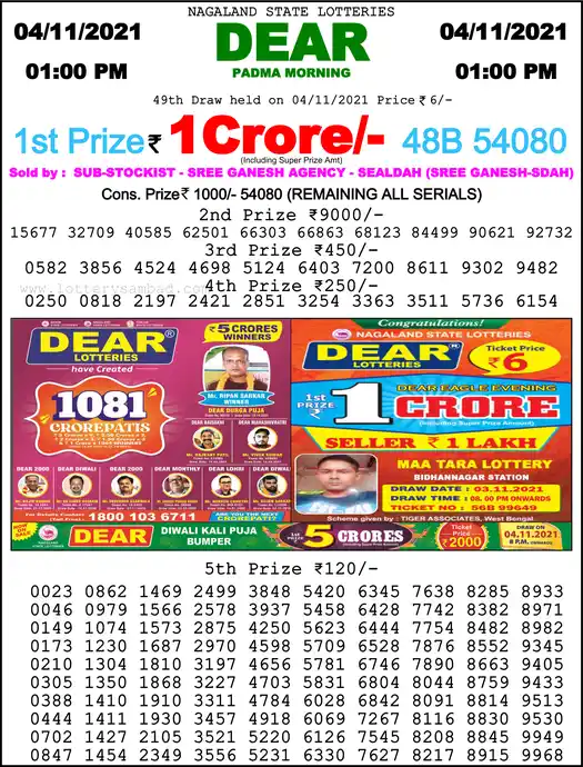 Lottery Sambad 1 PM result 04 Nov 2021